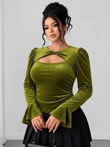 Elenzga Plus Size Women's Round Neck Cutout Design Long Sleeve Ruffle Trim T-Shirt Fall - Army Green - View 3