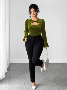 Elenzga Plus Size Women's Round Neck Cutout Design Long Sleeve Ruffle Trim T-Shirt Fall - Army Green - View 4