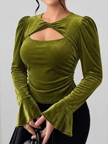 Elenzga Plus Size Women's Round Neck Cutout Design Long Sleeve Ruffle Trim T-Shirt Fall - Army Green - View 1
