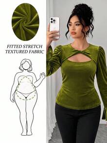 Elenzga Plus Size Women's Round Neck Cutout Design Long Sleeve Ruffle Trim T-Shirt Fall - Army Green - View 6