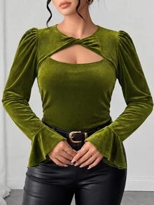 Elenzga Plus Size Women's Round Neck Cutout Design Long Sleeve Ruffle Trim T-Shirt Fall - Army Green - View 10