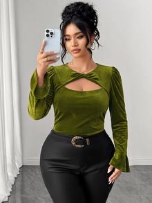 Elenzga Plus Size Women's Round Neck Cutout Design Long Sleeve Ruffle Trim T-Shirt Fall - Army Green - View 5