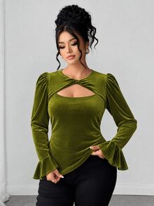 Elenzga Plus Size Women's Round Neck Cutout Design Long Sleeve Ruffle Trim T-Shirt Fall - Army Green - View 9