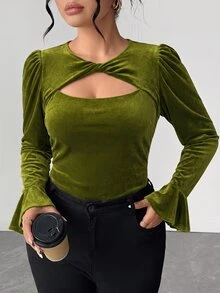 Elenzga Plus Size Women's Round Neck Cutout Design Long Sleeve Ruffle Trim T-Shirt Fall - Army Green - View 8