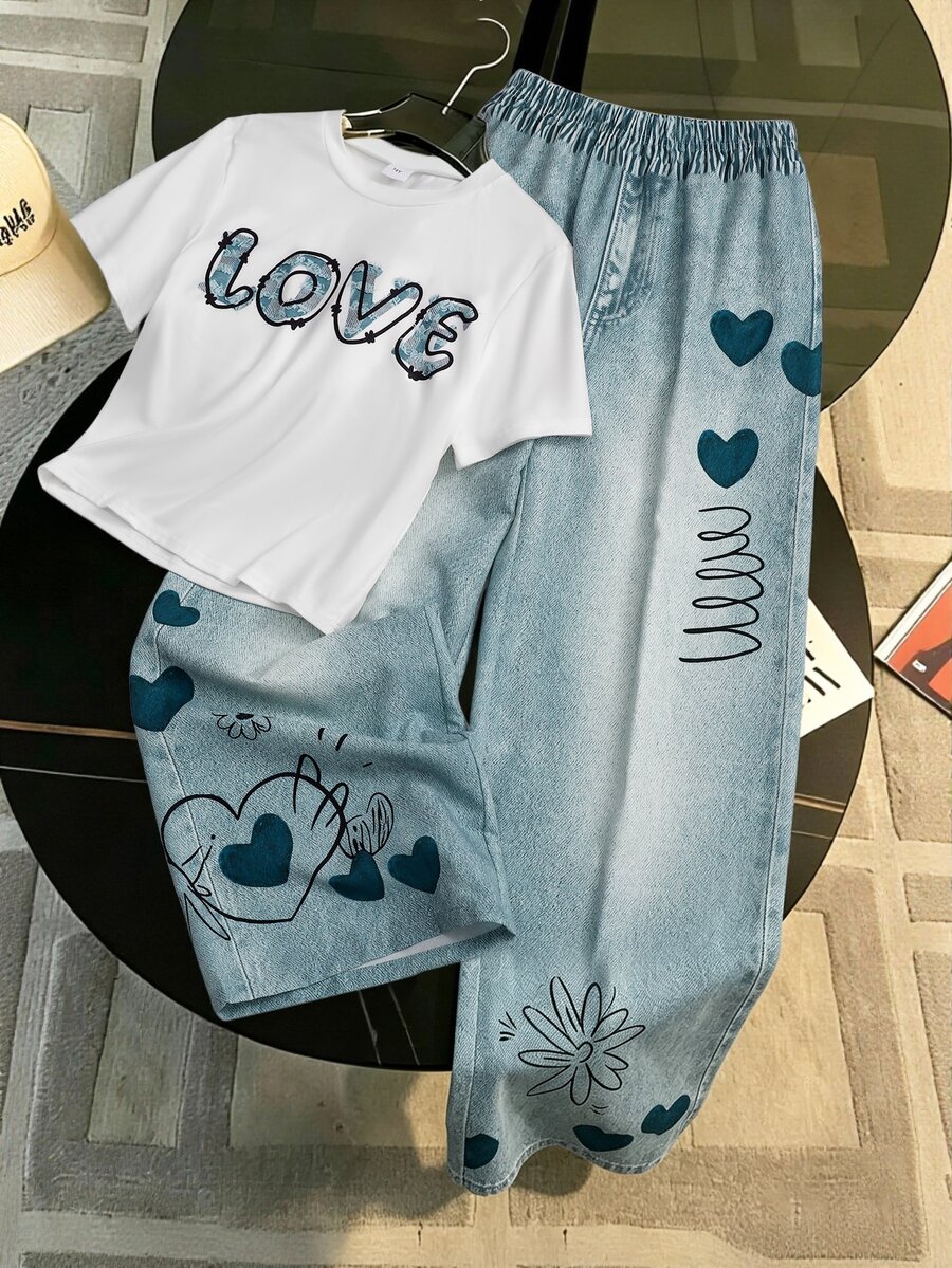 SHEIN 青少年女孩 T-shirt 套裝,夏季穿搭,六年級正式白色皇家藍街頭風可愛休閒 Y2K 六年級郵輪 - 藍白色 - 查看 1
