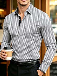Manfinity Mode Kemeja Pria Lengan Panjang Berkerah Motif Patchwork Seluruh Permukaan, Kemeja Bisnis Formal Putih dan Hitam, Kasual Musim Gugur, Gaya Klasik. - Putih - View 1