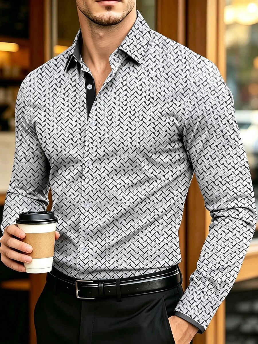 Manfinity Mode Kemeja Pria Lengan Panjang Berkerah Motif Patchwork Seluruh Permukaan, Kemeja Bisnis Formal Putih dan Hitam, Kasual Musim Gugur, Gaya Klasik. - Putih - View 1