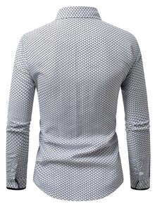 Manfinity Mode Kemeja Pria Lengan Panjang Berkerah Motif Patchwork Seluruh Permukaan, Kemeja Bisnis Formal Putih dan Hitam, Kasual Musim Gugur, Gaya Klasik. - Putih - View 2