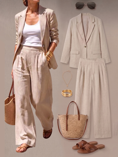 Selianne Women's Woven Casual Vacation Autumn Blazer And Wide Leg Pants Set