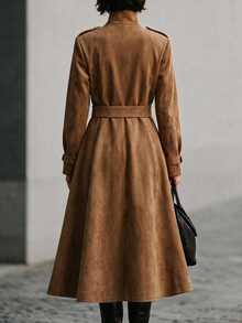 Breezaya Solid Suede High Neck Buckle Belted Coat - Rust Brown - View 2