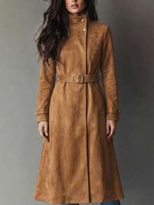Breezaya Solid Suede High Neck Buckle Belted Coat - Rust Brown - View 1