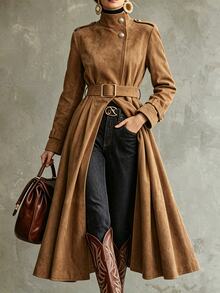 Breezaya Solid Suede High Neck Buckle Belted Coat - Rust Brown - View 3