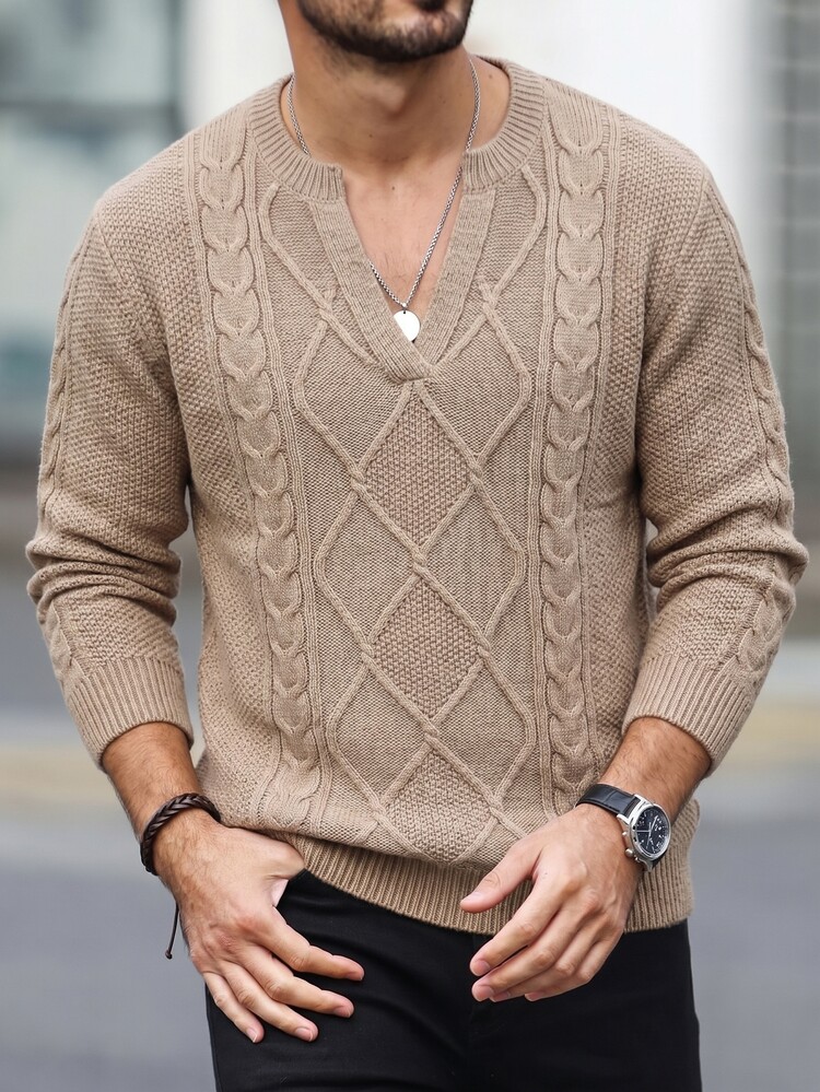 Manfinity Homme Men's Notch Neck Long Sleeve Pullover Sweater, Casual Knitted Autumn/Winter, Oatmeal Color Loose Fit Fashionable Versatile Top - Khaki - View 3