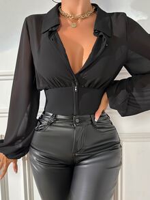 Zolique Lantern Sleeve Crop Shirt,Long Sleeve Tops Fall Cloth For Women - Black - View 6