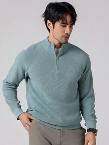 Manfinity Homme 男士休閒素色立領毛衣，秋冬款 - 藍色 - 查看 3