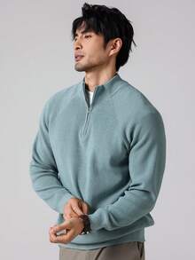 Manfinity Homme 男士休閒素色立領毛衣，秋冬款 - 藍色 - 查看 6