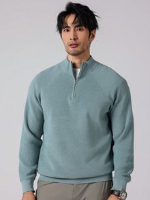 Manfinity Homme 男士休閒素色立領毛衣，秋冬款 - 藍色 - 查看 4