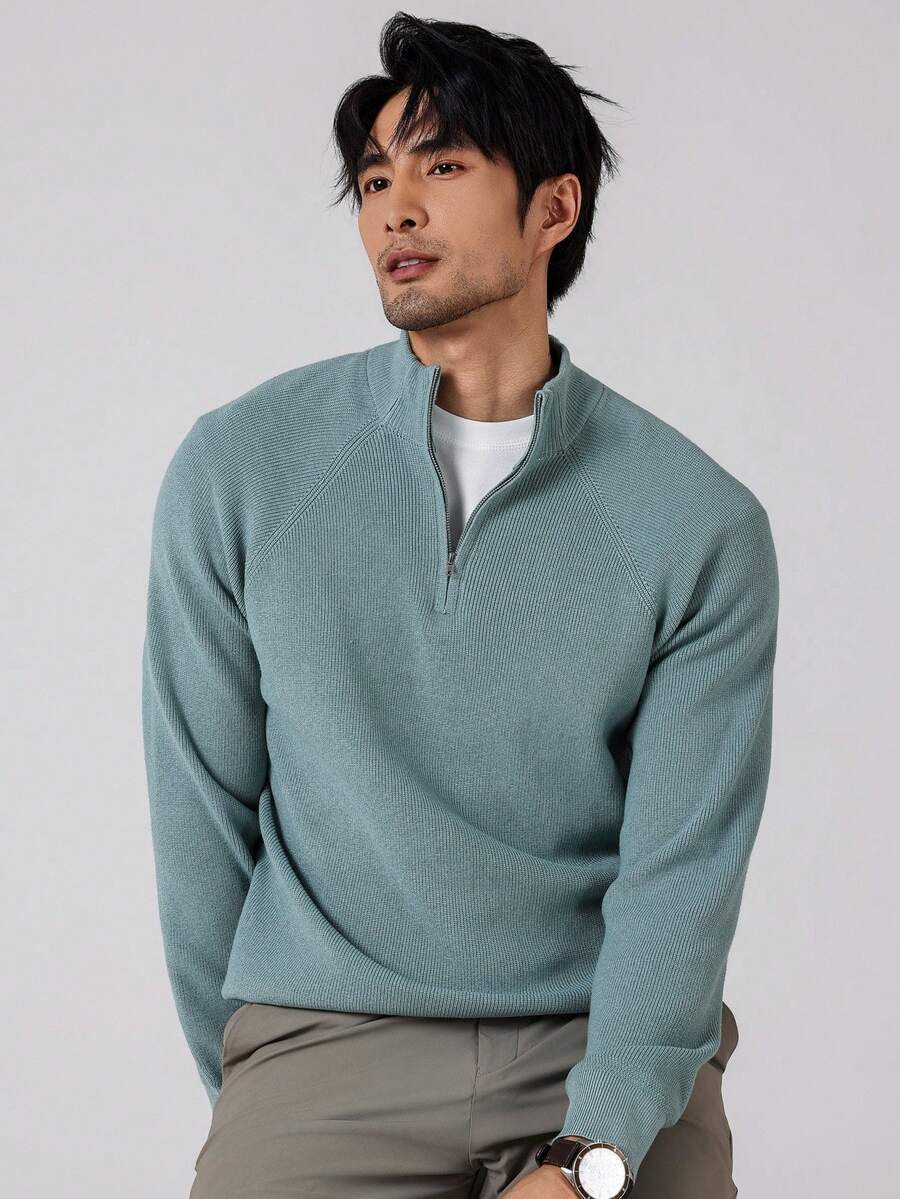 Manfinity Homme 男士休閒素色立領毛衣,秋冬款 - 藍色 - 查看 1