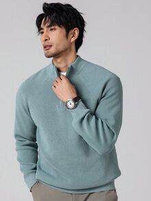 Manfinity Homme 男士休閒素色立領毛衣，秋冬款 - 藍色 - 查看 5