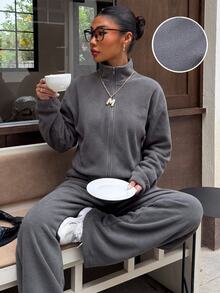 Muchica Women's Autumn/Winter New Dark Grey Fleece Zip-Up Jacket And Pants Set For Going Out, Streetwear,Fall Clothes For Women - Dark Grey - View 8