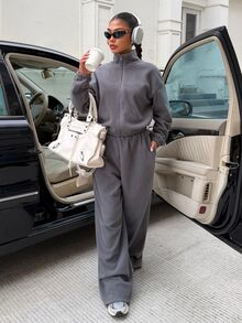 Muchica Women's Autumn/Winter New Dark Grey Fleece Zip-Up Jacket And Pants Set For Going Out, Streetwear,Fall Clothes For Women - Dark Grey - View 3