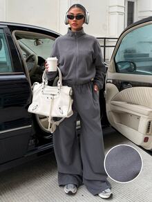 Muchica Women's Autumn/Winter New Dark Grey Fleece Zip-Up Jacket And Pants Set For Going Out, Streetwear,Fall Clothes For Women - Dark Grey - View 6