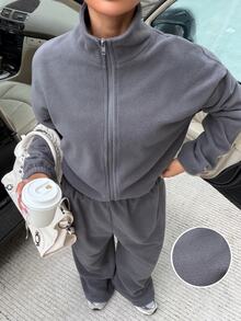 Muchica Women's Autumn/Winter New Dark Grey Fleece Zip-Up Jacket And Pants Set For Going Out, Streetwear,Fall Clothes For Women - Dark Grey - View 7