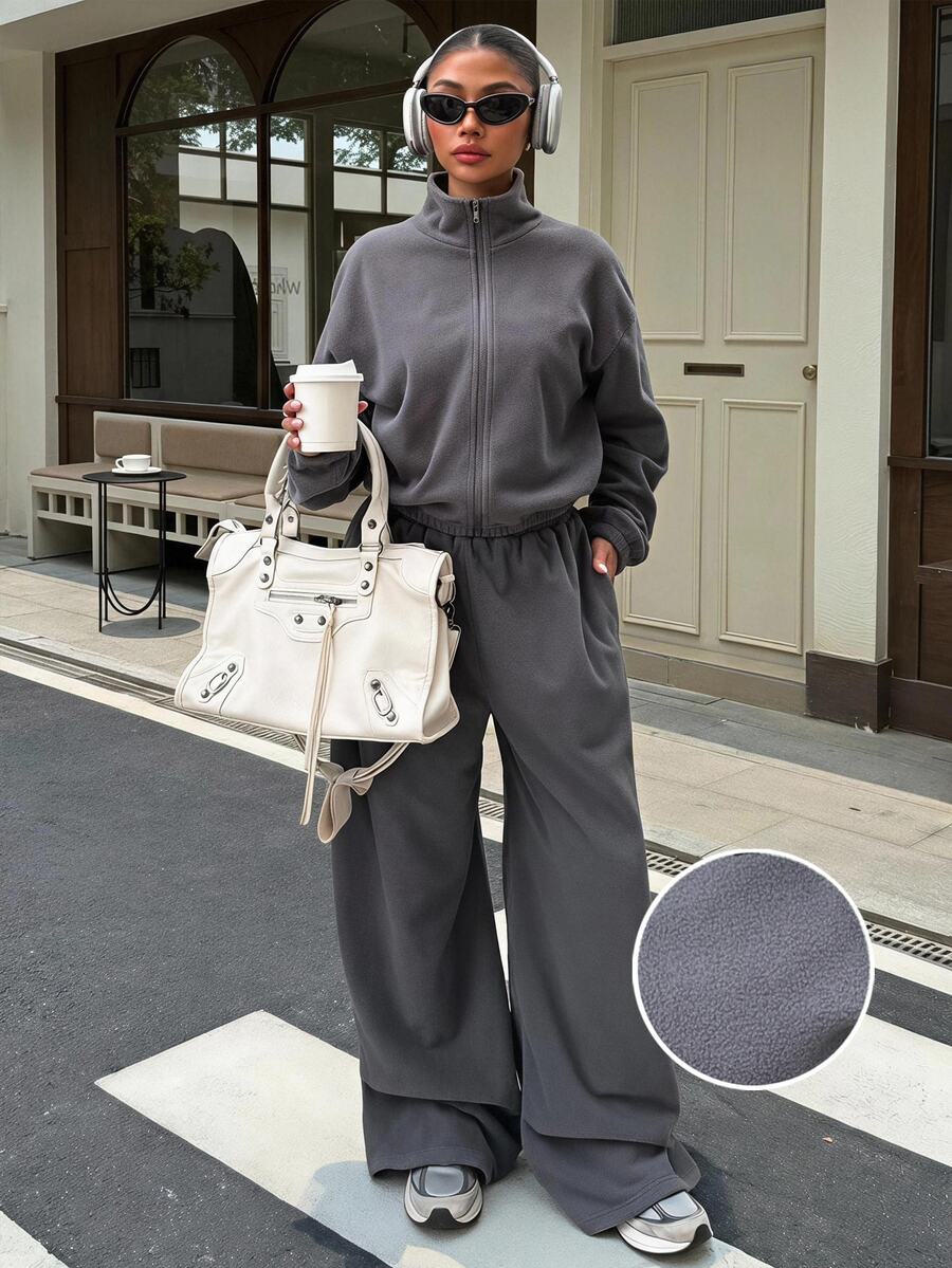 Muchica Women's Autumn/Winter New Dark Grey Fleece Zip-Up Jacket And Pants Set For Going Out, Streetwear,Fall Clothes For Women - Dark Grey - View 1