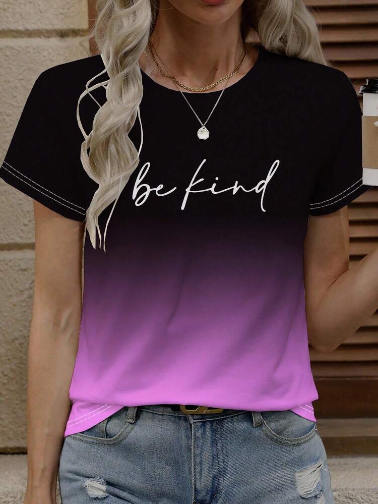 Zolique 1pc Women Gradient Round Neck Casual Short Sleeve T-Shirt, Loose Fit Spring/Summer Top, Women Letter & Graphic Printed Minimalist T-Shirt - Multicolor - View 4