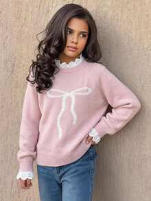 SHEIN Tween Girl Casual Home Pullover Sweater, Elegant Embroidery Lace Trim Heart Embroidery Loose Raglan Sleeve Pullover Sweater, Soft Comfortable Thickened Tween Girl - Pink - View 4