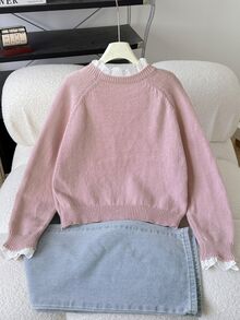 SHEIN Tween Girl Casual Home Pullover Sweater, Elegant Embroidery Lace Trim Heart Embroidery Loose Raglan Sleeve Pullover Sweater, Soft Comfortable Thickened Tween Girl - Pink - View 7