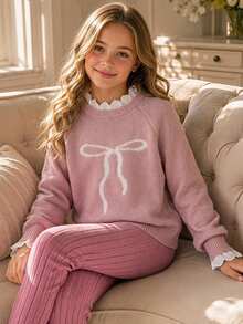 SHEIN Tween Girl Casual Home Pullover Sweater, Elegant Embroidery Lace Trim Heart Embroidery Loose Raglan Sleeve Pullover Sweater, Soft Comfortable Thickened Tween Girl - Pink - View 2