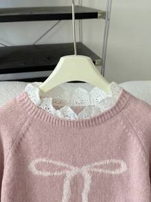 SHEIN Tween Girl Casual Home Pullover Sweater, Elegant Embroidery Lace Trim Heart Embroidery Loose Raglan Sleeve Pullover Sweater, Soft Comfortable Thickened Tween Girl - Pink - View 6