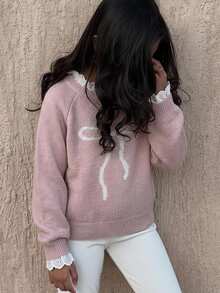 SHEIN Tween Girl Casual Home Pullover Sweater, Elegant Embroidery Lace Trim Heart Embroidery Loose Raglan Sleeve Pullover Sweater, Soft Comfortable Thickened Tween Girl - Pink - View 3