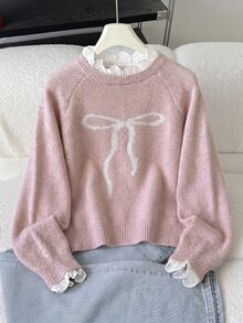 SHEIN Tween Girl Casual Home Pullover Sweater, Elegant Embroidery Lace Trim Heart Embroidery Loose Raglan Sleeve Pullover Sweater, Soft Comfortable Thickened Tween Girl - Pink - View 1