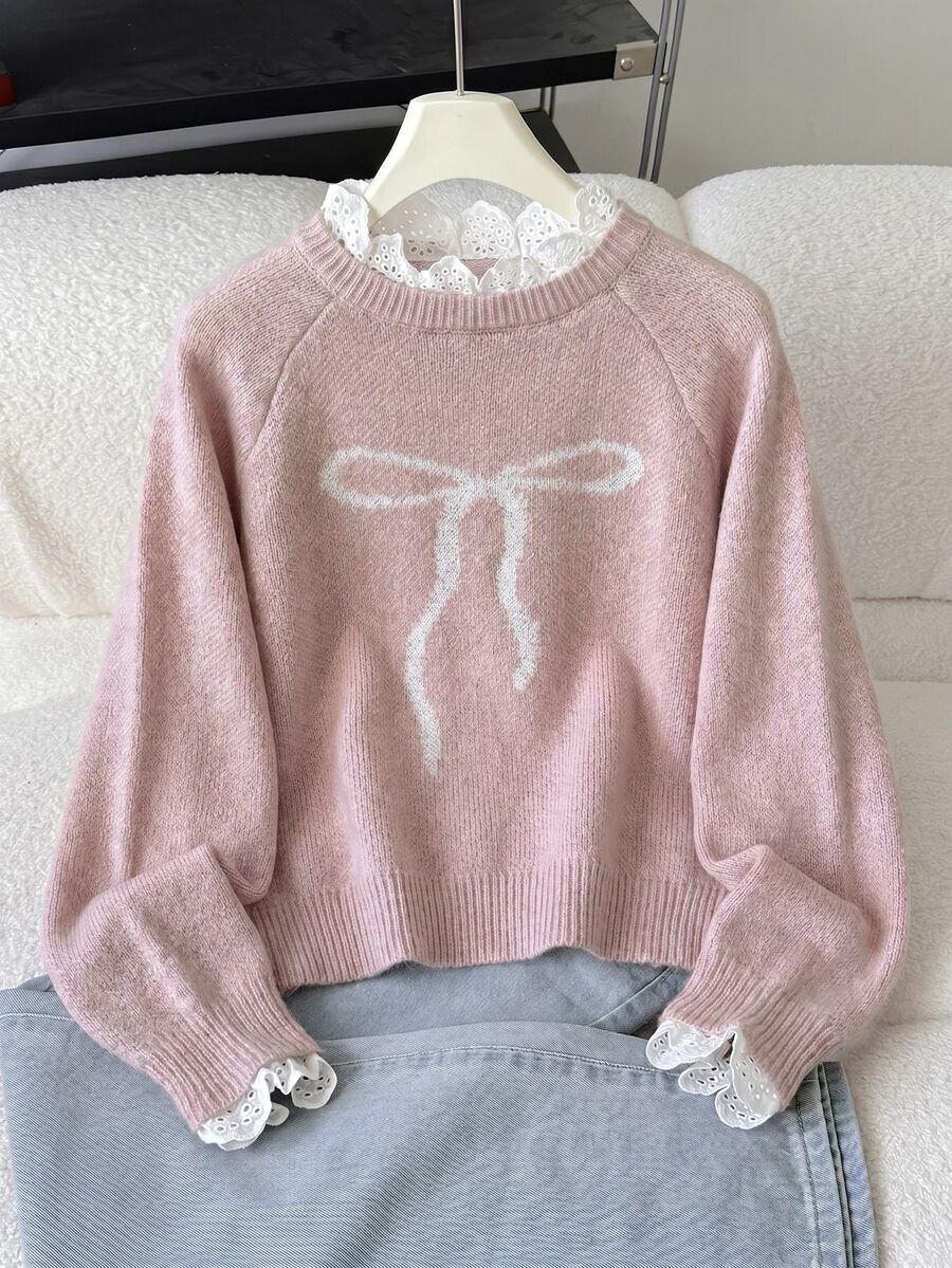 SHEIN Tween Girl Casual Home Pullover Sweater, Elegant Embroidery Lace Trim Heart Embroidery Loose Raglan Sleeve Pullover Sweater, Soft Comfortable Thickened Tween Girl - Pink - View 1