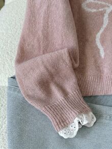 SHEIN Tween Girl Casual Home Pullover Sweater, Elegant Embroidery Lace Trim Heart Embroidery Loose Raglan Sleeve Pullover Sweater, Soft Comfortable Thickened Tween Girl - Pink - View 9