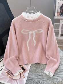 SHEIN Tween Girl Casual Home Pullover Sweater, Elegant Embroidery Lace Trim Heart Embroidery Loose Raglan Sleeve Pullover Sweater, Soft Comfortable Thickened Tween Girl - Pink - View 5