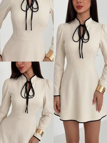 Firerie New Chinese Style Stand-Up Collar Tie-Up Hollowed-Out Dress With Contrasting Trim, Slimming Mini Dress - Khaki - View 6