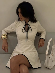 Firerie New Chinese Style Stand-Up Collar Tie-Up Hollowed-Out Dress With Contrasting Trim, Slimming Mini Dress - Khaki - View 2