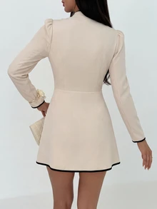 Firerie New Chinese Style Stand-Up Collar Tie-Up Hollowed-Out Dress With Contrasting Trim, Slimming Mini Dress - Khaki - View 5