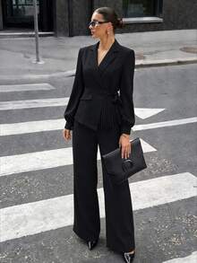 Modelyn Women's Black Suit Set: Elegant Notched-Collar Jacket With Asymmetric Pleated Hem And Matching Trousers – Fall/ Social Work Office Dinner Outfits - Black - View 5