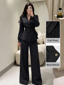 Modelyn Women's Black Suit Set: Elegant Notched-Collar Jacket With Asymmetric Pleated Hem And Matching Trousers – Fall/ Social Work Office Dinner Outfits - Black - View 2