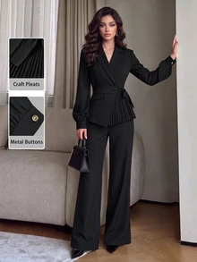 Modelyn Women's Black Suit Set: Elegant Notched-Collar Jacket With Asymmetric Pleated Hem And Matching Trousers – Fall/ Social Work Office Dinner Outfits - Black - View 6