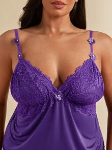SHEIN BAE CURVE 蕾丝拼接高弹针织性感露背吊带背心和短裤睡衣套装，加大码 - 紫色 - 查看 7