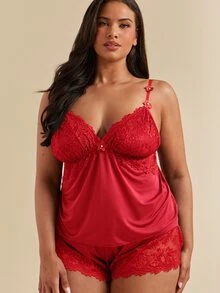 SHEIN BAE CURVE Lace Patchwork High Stretch Knit Sexy Backless Camisole & Shorts Pajama Set, Plus Size - Burgundy - View 6