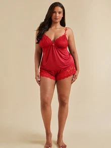 SHEIN BAE CURVE Lace Patchwork High Stretch Knit Sexy Backless Camisole & Shorts Pajama Set, Plus Size - Burgundy - View 3