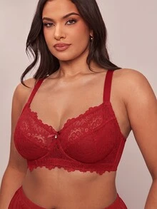 SHEIN BAE CURVE 1pc Plus Size Lace Patchwork Underwire Bra, For Christmas - Red - View 7