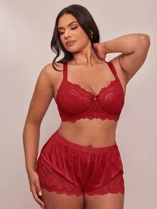 SHEIN BAE CURVE 1pc Plus Size Lace Patchwork Underwire Bra, For Christmas - Red - View 4