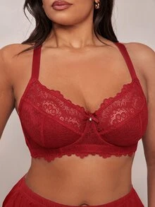 SHEIN BAE CURVE 1pc Plus Size Lace Patchwork Underwire Bra, For Christmas - Red - View 1